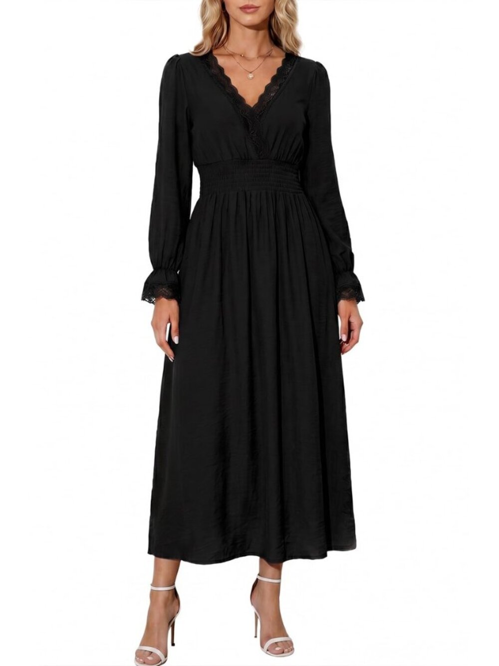 Women's Long Sleeve Boho Maxi Dress Wedding Guest Dress with Pockets